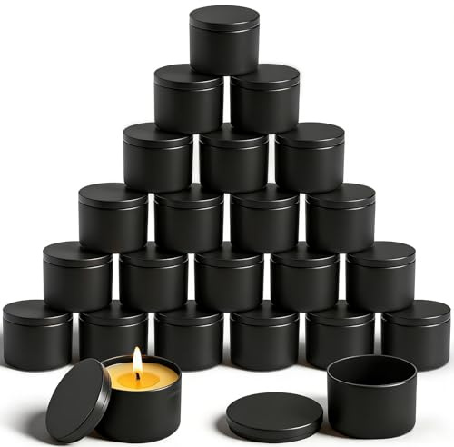 Coloch Lot de 24 boîtes à bougies cylindriques noires de 240 ml avec couvercle, boîte de rangement en métal pour fabrication de bougies, artisanat, cadeaux de vacances, 7,6 x 5,8 cm