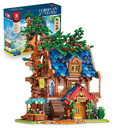 Reobrix 66008 Baumhaus Bausteine, Mittelalterliche Stadt Klemmbausteine mit Lichtern, Lernspielzeug/Kreative Geschenke für Jugendliche und Erwachsene, 2566 Teile MOC Bausteineset