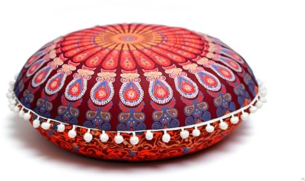 Copricuscino rotondo mandala per cuscini da pavimento, seggiolino, pouf ottomano, copricuscino hippie decorativo bohémien, indiano, con pompon, 55,9 cm (Marrone)
