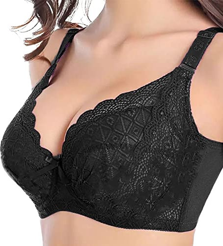 happyqueen Women's Push up Bra Plus Size 36D-48J Floral Lace Underwire Bra - WP-443 (38F, Black)