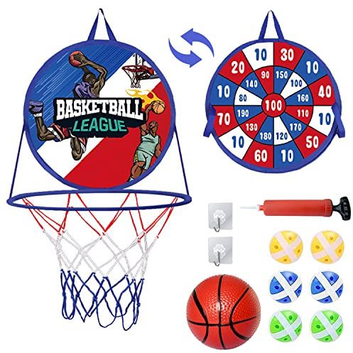 Basketballkorb Kinder Mit Klett Dartscheibe, 2 in 1 Dartboard Wurfspiel Und Basketball Spiele, Doppelseitiges Mini Basketballkörbe & Dartspiel, Safe Outdoor Indoor Spielzeug Geschenk