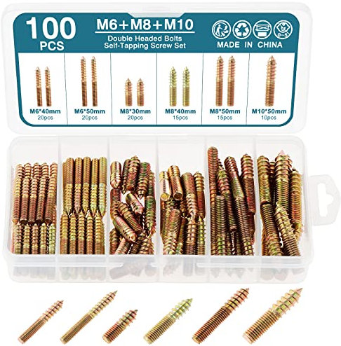 HSEAMALL Hängeschrauben,Doppelendige Kopfschrauben Selbstschneidende Schraube Verzinkte Dübelschrauben für Holzbearbeitung Möbelbefestigung (M6-M8-M10-100PCS)