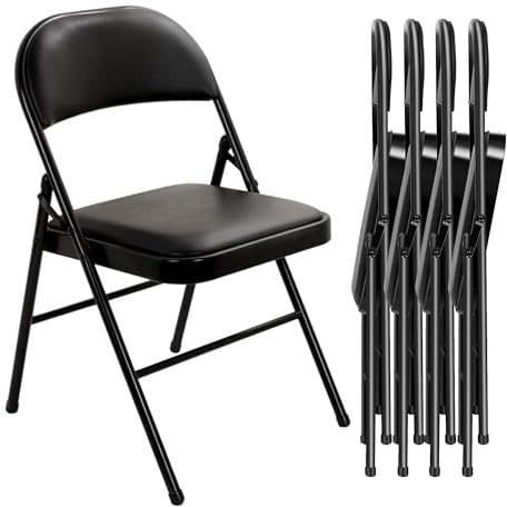 JupiterJX Folding Chairs Padded, Set Of 4, Metal Frame Faux Leather Non Slip Foot Office Folding Chair, Portable Compact Fold Out Chair For Home Office Dining Events Reception (Black, 4 Pieces)