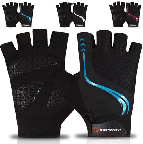 WESTWOOD FOX Guantes de Ciclismo para Hombres y Mujeres, Guantes Transpirables de Medio Dedo para Bicicleta de montaña con Palma Acolchada Antideslizante Que Absorbe los Golpes (Azul, XL)