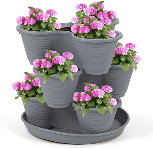 Taylor & Brown 3 Tier Stackable Strawberry, Herb, Flower, and Vegetable Planter - Vertical Growing Garden Tower Indoor/Outdoor Planters Tri-Pot (Charcoal)