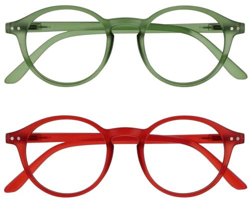 OPULIZE REY Lesebrille - 2er-Pack - Runder Retro-Rahmen - Mattgrün, Rot - Herren Damen - Federscharniere - RR56-6Z - +3.00
