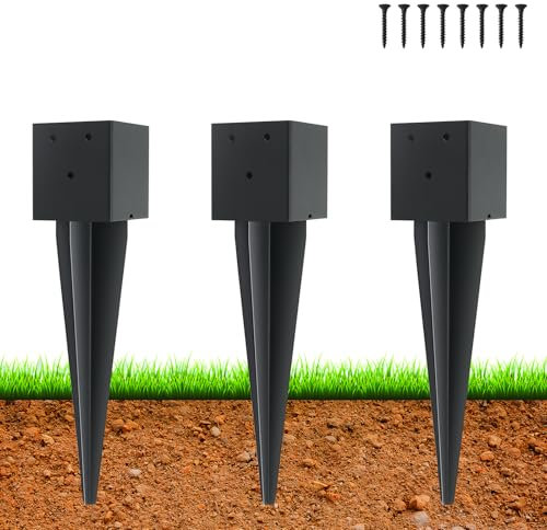 3 estacas de anclaje de poste de valla de 4 x 4 pulgadas (interior de 3.6 x 3.6 pulgadas), estaca de metal de 16 pulgadas con recubrimiento en polvo negro, base de poste de valla para cubierta, valla