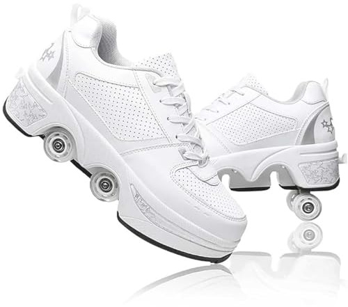 preyrocbirds Roller Skates, Roller Skate Shoes for Boys Girls, Outdoor Retractable 4 Wheels Skateboard Sneakers, Shoes with Wheels for Men and Women White Silver