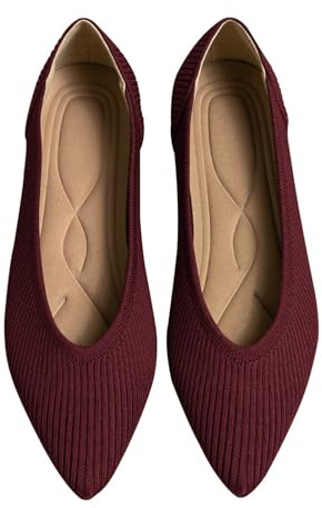 TINGRISE Women's Flats Shoes Pointed Toe Knit Ballet Comfortable Dressy Slip On Flat Red 5UK