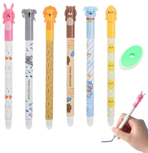 QITIXI:OU 6PCS radierbare Gelstifte, mit radierbarem Radiergummi, schwarze Tinte, süße radierbare Stiftspitze im Cartoon-Stil, Minendurchmesser 0,5 mm, geeignet für Kinder, Studenten, Schulbüros