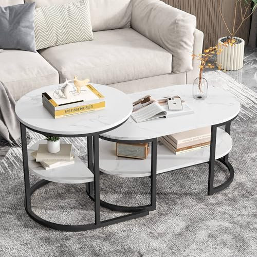 BursDany Couchtisch 2er Set, Couch Beistelltisch Marmor Optik mit Metallrahmen und Ablage, Wohnzimmertisch Modern Sofatisch für Wohnzimmer, Schlafzimmer(Schwarz Oval)