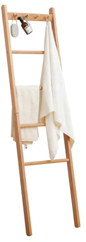 Yaochuforest Beech Wood Blanket Ladder, 5.3ft Natural Farmhouse Quilt Holder with Top Hooks, 4-Bar Decorative Throw Rack, Towel Shelf for Living Room, Bedroom, Small Space Storage (Natural)