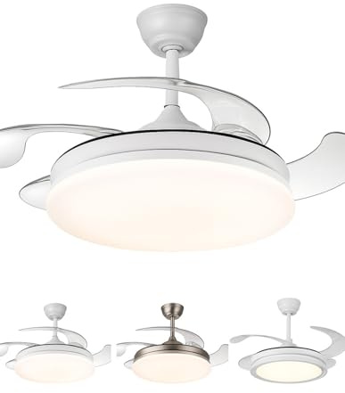 JARDIN202 - Ventilador de Techo LED con 4 Aspas 3500-4000-6500K Temporizador, 6 Velocidades, Aspas retráctiles | Tridente (Blanco)