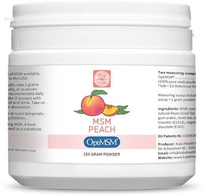 Kala Health OptiMSM® Powder Peach Flavour – 100% Pure MSM Sulphur Powder – Natural Methylsulfonylmethane – with Peach from Natural Flavourings – Additive-Free (250)