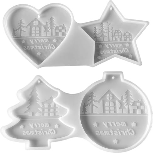 MUNSKT 4 Shapes Of Christmas Ornament Silicone Moulds Pendant Christmas Tree Shape Casting Mold Star Tree Heart Circle Santa Ornaments Christmas Decorations Cavity Reusable Silicone Crafting Mould Hol