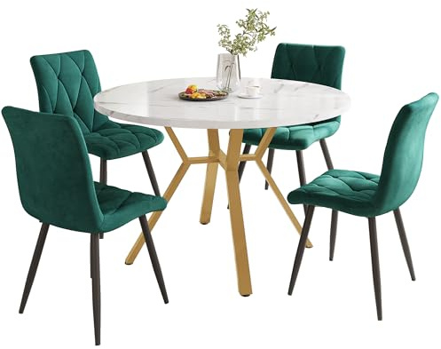 dowowdo Tavolo da pranzo rotondo con 4 sedie, moderno tavolo rotondo con base a X dorata e effetto marmo, 4 sedie in velluto verde come accattivante gruppo da pranzo per un design personalizzato