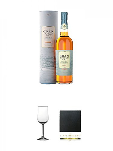 Oban Little Bay Single Malt Scotch Whisky Small Cask 0,7 Liter + Whisky Nosing Gläser Kelchglas Bugatti mit Eichstrich 2cl und 4cl 1 Stück + Schiefer Glasuntersetzer eckig ca. 9,5 cm Durchmesser
