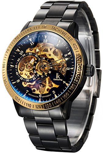 Alienwork IK Automatikuhr Armbanduhr Herren Damen Schwarz Edelstahl Metallarmband Skelett Glasboden