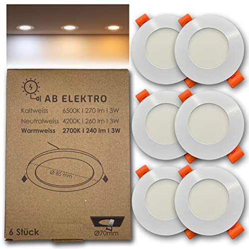 AB Elektro LED Deckenleuchte flach rund 6er Set I 3W LED Einbaustrahler 12V Warmweiß I LED Panel Deckenleuchte I LED Einbauleuchte Set mit Trafo (warmweiß, 6er Set)
