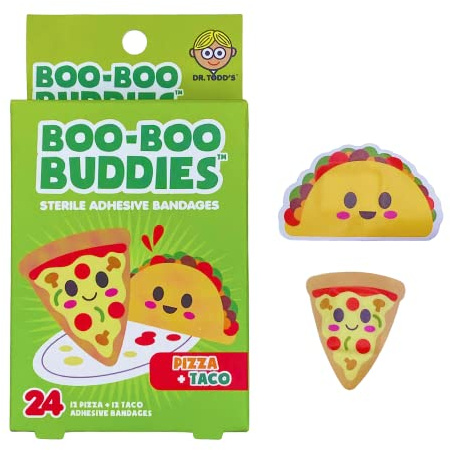 Boo Boo Buddies Kids Adhesive Bandages, Kids Self-Adhesive Sterile Bandages Pack for Toddler Girls & Boys, Adults First Aid, Protect Scrapes and Cuts | 24 Pcs (Pizza + Taco)