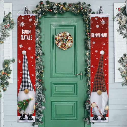 COLOFALLA 2Pz Banner per Porta di Natale Striscioni Natalizi Segno del Portico di Natale Banner Distico di Natale Decorazioni Natalizie Porta Ingresso Casa Benvenuti Buon Natale Gnomi