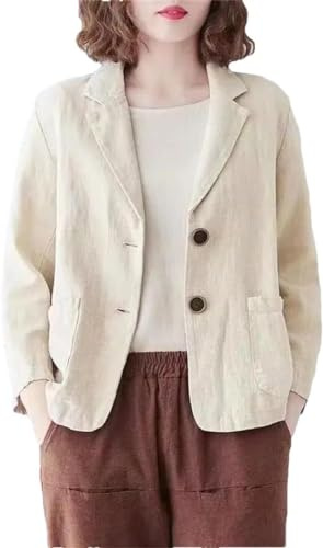 Giacca Donna in Cotone e Lino Blazer Primavera e Estate Sciolto Casual Monocolore Risvolto Maniche Lunghe Fibbia Sottile