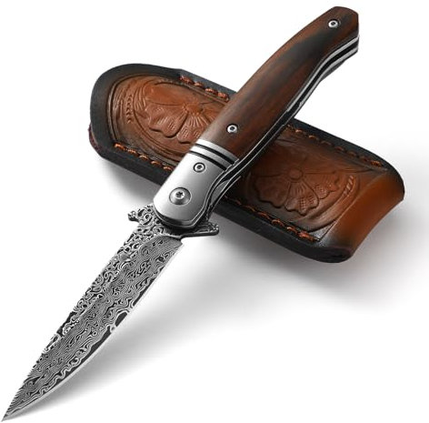 DRACHENADER Taschenmesser Damaststahl, Klappmesser aus Damaststahl (33+1+33) 67 Lagen, Einhandmesser mit Clip und Nylonetui, Holzgriff, Geschenk für Camping Wandern