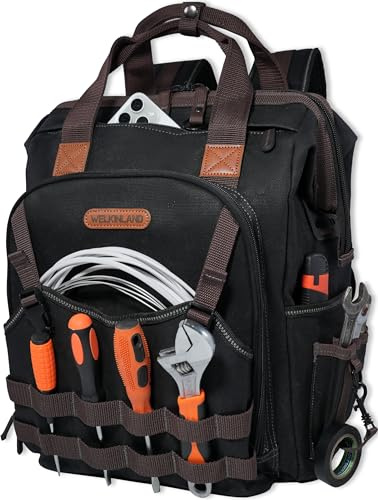 WELKINLAND HAVC Werkzeugrucksack aus gewachstem Segeltuch, 88 Taschen, robuster Elektrikerwerkzeug-Rucksack, offener Techniker-Werkzeug-Rucksack, Werkzeugrucksack für den Bau, Schwarz/Braun/Olivgrün