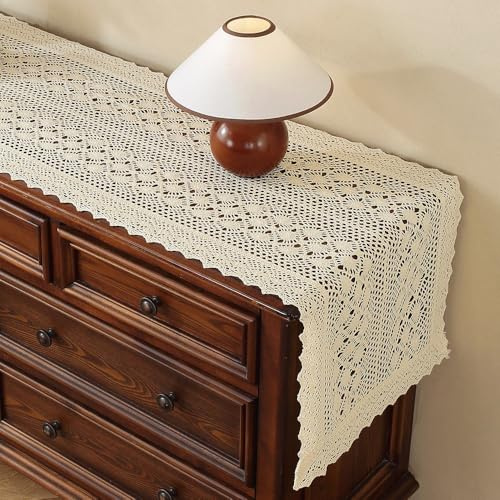 Chemin de table en dentelle au crochet Clothfuna, chemin de table en coton crème pour salle à manger, couvre-table basse en beige pour table de maquillage, protecteur de buffet, 42x120cm