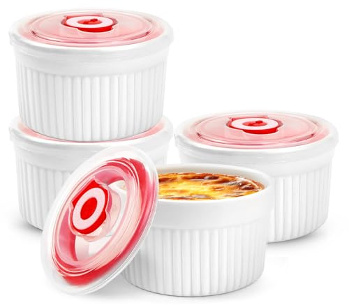 WPPQWP Creme Brulee - Pirottini in ceramica, 4 pezzi, Ø 9 cm, 220 ml, con coperchio, adatti al forno, per budini, per dessert, mini pirofila da forno, per cuocere in cucina