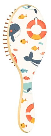 JUMBEAR Cartoon Lifebuoys and Dolphins Hair Brush,Massaging Scalp Wooden Bamboo Paddle Hairbrush for All Hairstyles,Reducing Tangle & Hair Breakage, Promoting Hair Growth