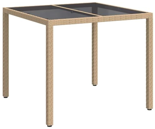 vidaXL Garden Dining Table Beige 90 x 90 x 75 cm Poly rattan, Alfresco Furniture, Durable, Weatherproof Outdoor Surface, Modern Garden Table, Tempered Glass Top for Home Dining