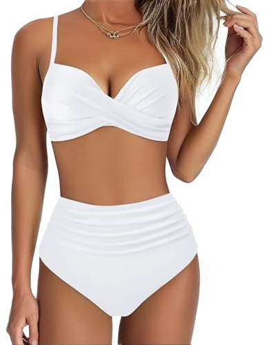 Women's High Waisted Bikini Set 2 Pieces Tummy Control Push Up Swimsuit and Skirt Twist Front Bikini V Neck Sexy Swimming Costume Ladies Swimwear (B-White, M)