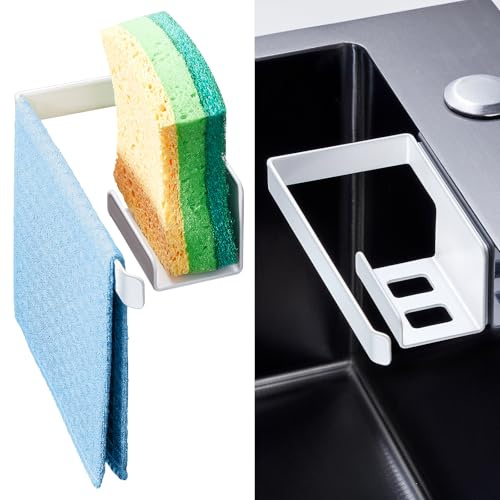 XILIMOR Soporte Estropajo Fregadero, 2 en 1 Porta Estropajos Fregadero, Autoadhesivo Porta Esponja Organizador de Cocina, Acero Inoxidable Soporte para paños de Cocina, Blanco