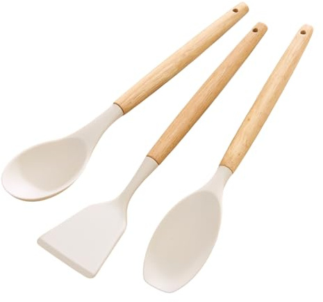 3 PAGEN® Silikon Küchenutensilien-Set mit Buchenholzgriffen – 3-teiliges Küchenhelfer Set weiß – Kochutensilien Kochlöffel Set – Küchenzubehör zum Kochen – Pflegeleicht, hochwertig & praktisch