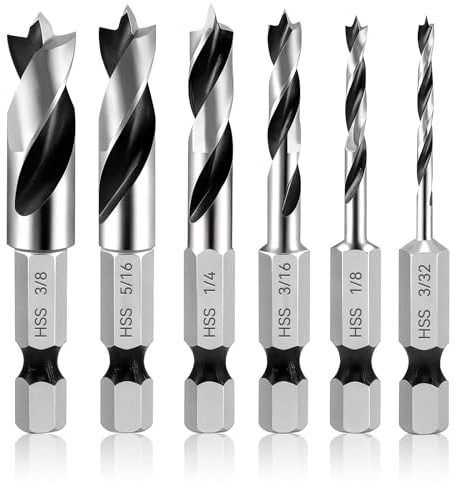 MISIQIMA 6 Stück Sechskant Bohrer Set, Holzbohrer Sechskant mit Einem Schaftdurchmesser von 6,35 mm, Rutschfester Holzbohrer Set mit Zentrierspitze, Doppelnut-Späneabfuhr, für Weichholz, Hartholz
