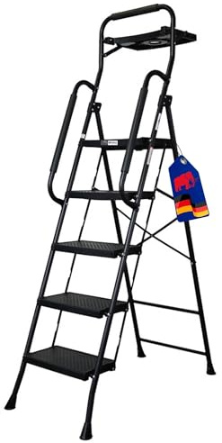 PROREGAL Profi-Trittleiter mit 5 XXL-Stufen, klappbar mit Handlauf und Werkzeugablage, Stufen aus Kunststoff, HxBxT 182x52x104cm Traglast 150 kg Stahl Matt Schwarz Klappleiter