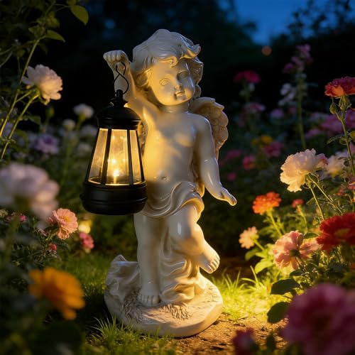 Vmxlso Angelo per tomba, resistente alle intemperie, a forma di angelo solare, resistente alle intemperie, con luci a LED, impermeabile (angelo con lampada)