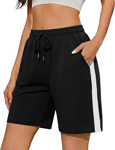 Aseniza Bermuda Shorts Damen Kurze Hose High Waist Elastischer Sporthose Jogginghose mit Kordelzug Taschen Gym Sport Basketball Fitness Running Schwarz L
