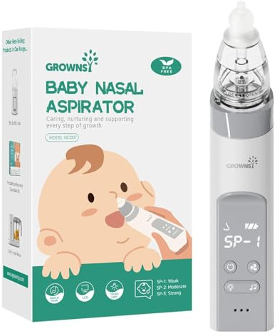 Grownsy Nasal Aspirator for Baby, Electric Nose Sucker | Adjustable Suction with 3 Soft Silicone Tips, Built-in Music and Light to Support Nose Cleaning for Babies and Toddlers
