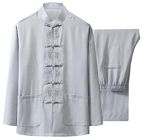 G-LIKE Herren Kungfu Tang Anzug - Traditionelle Chinesische Kampfkunst Taichi Shaolin Wushu Qigong Langärmelig Gestickt Training Freizeit Kleidung Uniform Jacke Hose (Grau, L)