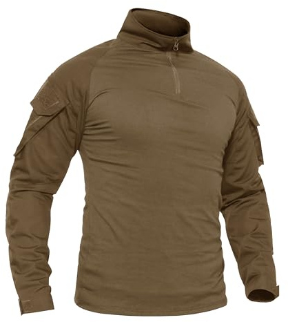 TACVASEN Militär stil herr Camo Combat långärmad T-shirt med fickor, Brun