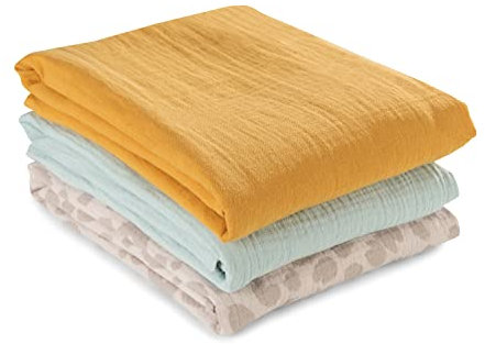 hauck 3 Musselintücher für Babys Cuddle N Clean, Spucktücher Pucktücher Stilltuch aus 100% weicher Baumwolle 80 x 80 cm, Atmungsaktiv und Leicht zu Reinigen (Honey/ Mint/ Leo Natural)