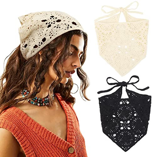 DRESHOW 2 Stück Damen Boho Stirnbänder Dreieck Kopftücher Bandanas Turban Krawatte Haarbänder Elastisches Haarschal für Damen und Mädchen
