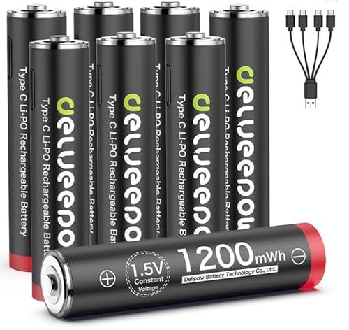 Delyeepow Pilas Recargables USB-C AAA de Litio, 1,5 V, 1200 mWh, USB, Pilas AAA Recargables con Cable de Carga USB-C 2 en 1, 1 Hora de Carga rápida, 1500 ciclos, 8 Unidades