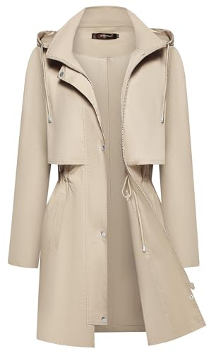 Bloggerlove Women Rain Jacket Waterproof Lightweight Raincoat Long Hooded Outdoor Trench Coat Khaki L