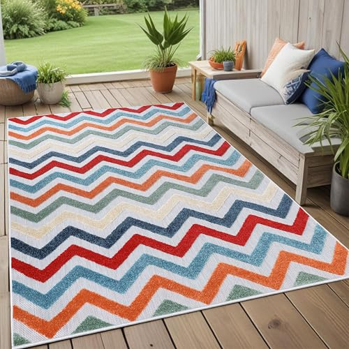 Superior Chevron Indoor Outdoor Area Rug, Perfect for Patio, Poolside, Backyard, Playroom, Kitchen, Bedroom, Dining Room, Entryway, Mudroom, Coastal Zig-Zag Floor Cover, 5' 6 x 8', Multicolor