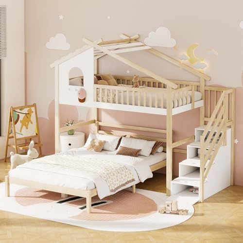 Sapgaks Lit superposé pour enfants 90 x 200, cabane 140 x 200, mezzanine 2 places avec barrière et escalier