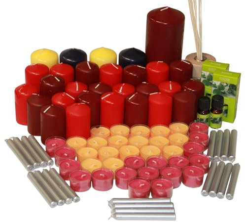 sopomarkt24 Kerzen Kerzenset mit Raumduft Wachskerzen Teelichter Stumpenkerze Winterdeko Dekokerzen Mixpaket in verschiedenen Farben & Größen 6 kg für Zuhause Feste Weihnachten