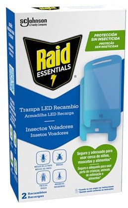 Raid Essentials Lot de 2 recharges pour piège LED Anti-Mouches, Anti-Mouches et Mites, sans Insecticide, Protection 24/7 Contre Les Insectes Volants pour Usage intérieur
